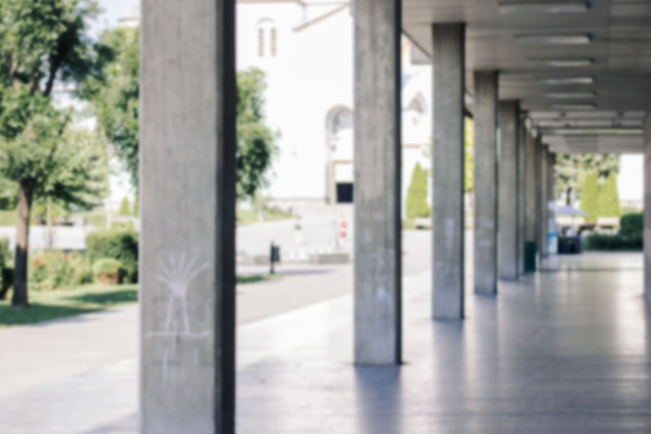 architecture, architectural column, built structure, day, no people, city, tree, outdoors, absence, footpath, empty, transportation, building, nature, building exterior, arcade, plant, road, column, corridor