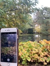 Close-up of mobile phone by lake