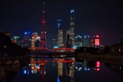 Illuminated buildings in city at night