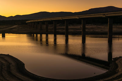 Bridge over river against sky during sunset