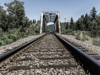 Railroad tracks by trees against sky