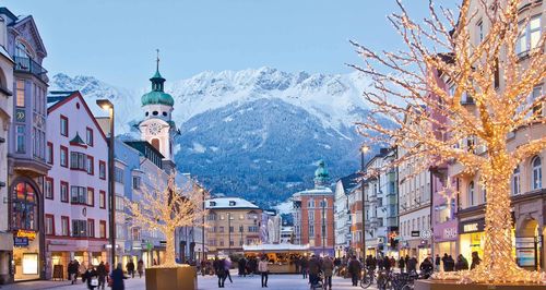 Buildings in city during winter