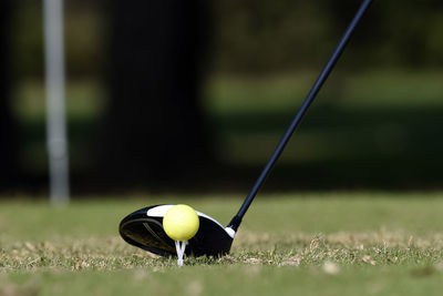 Close-up of golf ball on field