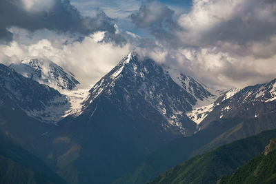 Scenic view of snowcapped mountains against sky. 