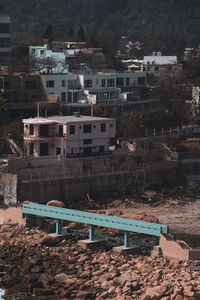 High angle view of old buildings in city