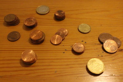 High angle view of coins on table