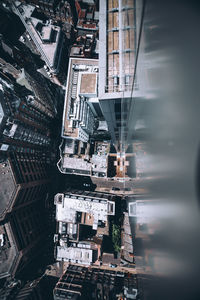 High angle view of street and buildings in city