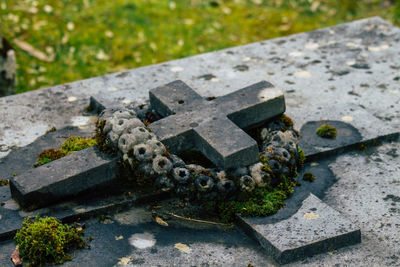 High angle view of stones on grass