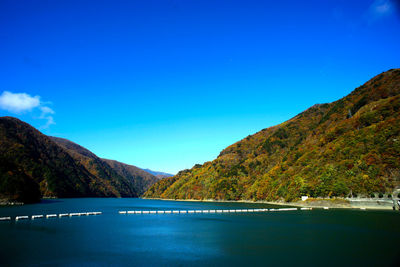 Scenic view of sea and mountains against clear blue sky