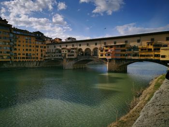 Arch bridge over river against sky in city