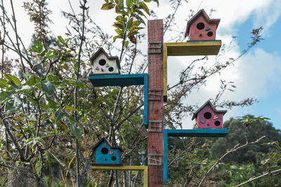 Low angle view of birdhouse on tree against sky