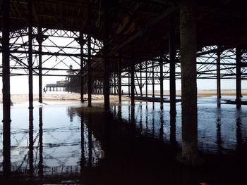 Pier at beach against sky