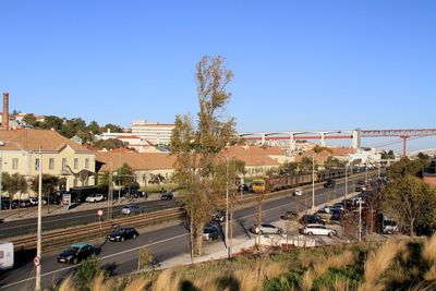 Road in city against clear sky