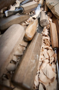 High angle view of logs on wood