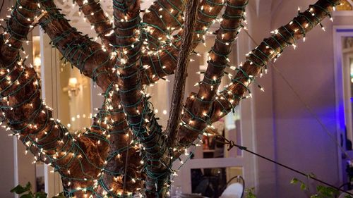 Low angle view of illuminated chandelier