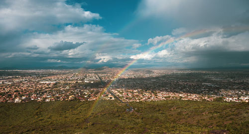 Aerial view of city buildings against sky