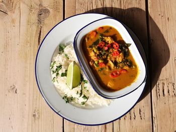 High angle view of food served on table