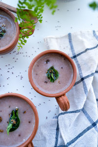 High angle view of soup in bowl on table