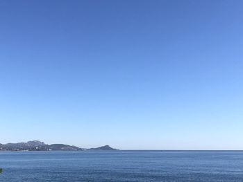 Scenic view of sea against clear blue sky