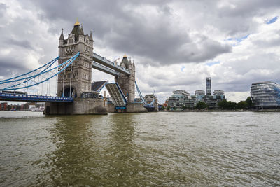 View of suspension bridge against cloudy sky