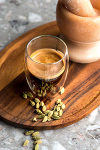 High angle view of coffee on table