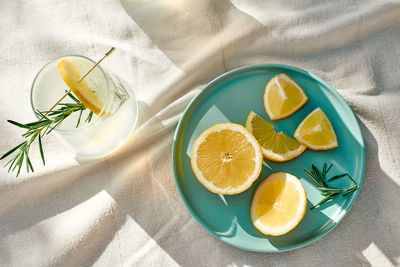 Summer refreshing lemonade drink or alcoholic cocktail with ice, rosemary and lemon slices on table