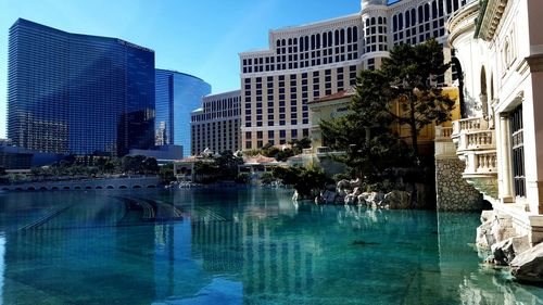 City by swimming pool against sky