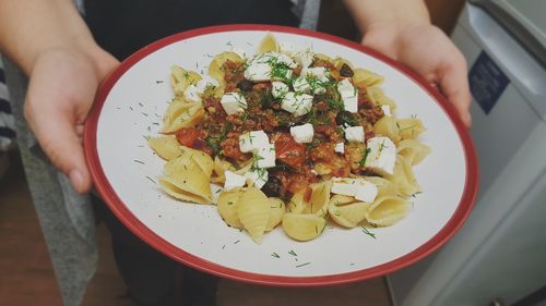 Close-up of hand holding ice cream in plate