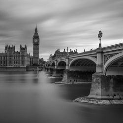 Big ben by river against sky during sunset