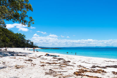 Scenic view of beach against blue sky