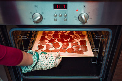 Cropped hand of woman preparing cookies in oven