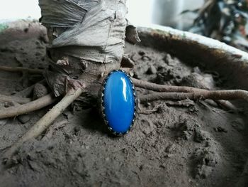 High angle view of blue bread on sand