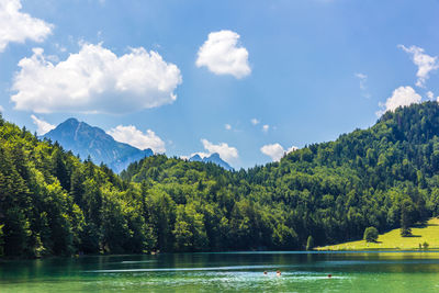 Scenic view of lake by trees against sky