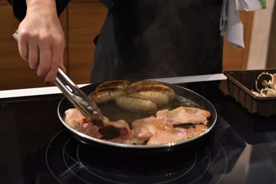 High angle view of man preparing food