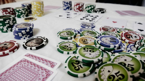 Close-up of gambling chips and playing cards on table