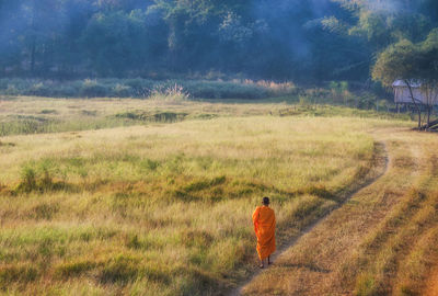 Rear view of a monk walking on landscape