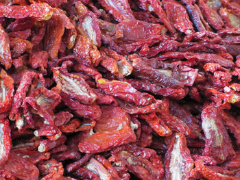 Red dried chili peppers background . tuscany, italy