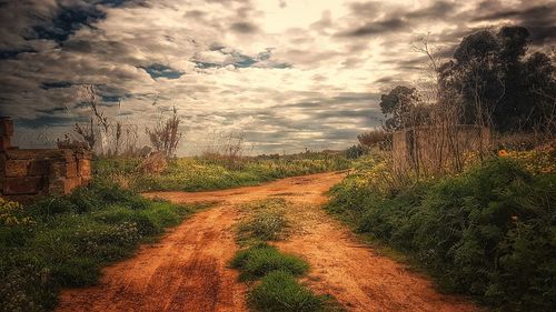 Dirt road on field against sky