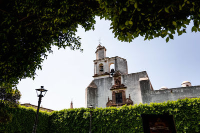Low angle view of trees and building against sky