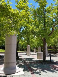 Trees in cemetery against sky on sunny day