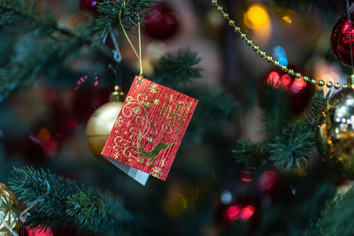 Close-up of christmas decoration hanging on tree