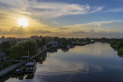 Scenic view of river against sky at sunset