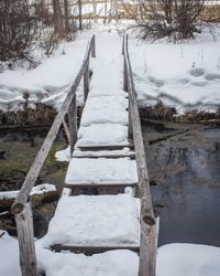 Snow covered footpath by trees during winter