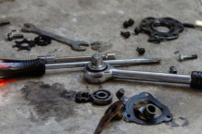 High angle view of old machine on table