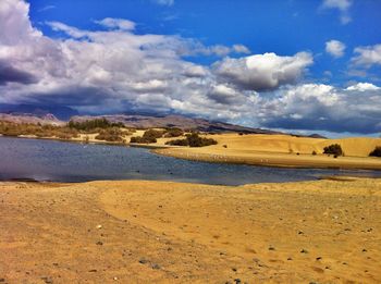 Scenic view of lake against cloudy sky