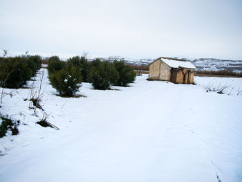 Scenic view of snow covered field against sky