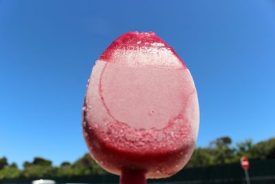 Close-up of pink strawberry against blue sky