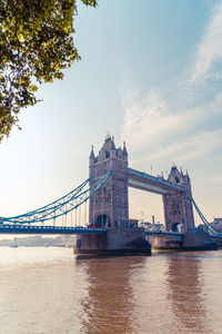 Bridge over river with city in background