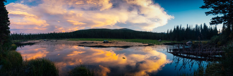 Panoramic view of lake against sky during sunset