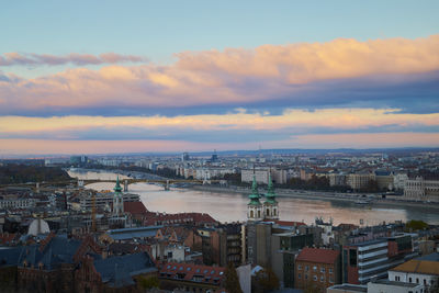 High angle view of townscape against sky during sunset